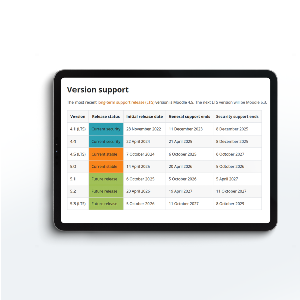 Screen showing mains Moodle releases for 2026